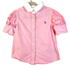Raulp Lauren Button Front Shirt Girl's 2 - 2T Pink Puffed Sleeves Collar Preppy